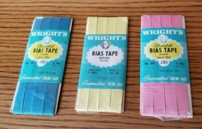  Lote de 3 cintas sesgadas vintage de un solo pliegue de Wright amarillas, rosas y azules  Foto 1 de 4