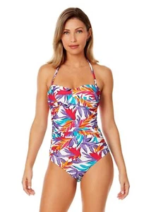 Women's Dance Floor Palm Twist Front Shirred One Piece Swimsuit - Picture 1 of 6
