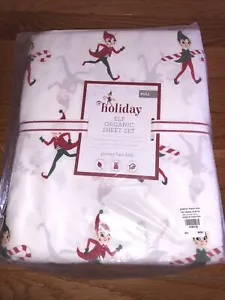 Pottery Barn Kids Elf Elves Candy Canes Organic Full Size 4pc Sheet Set NEW - Picture 1 of 5