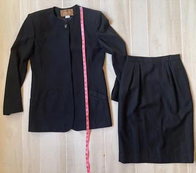 SAVILLE Vintage Mujer’s Negro Pura Lana 2 piezas Chaqueta + Falda Talla 4 Foto 1 de 4