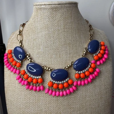 J. Crew Statement Necklace With Gold Chain Blue Stones Orange & Pink Beads Rhine - Image 1 of 4