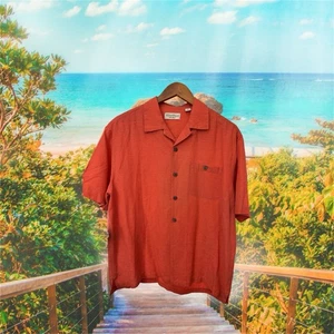 Caribbean Silk Blend Short Sleeve Button Up Hawaiian Shirt Mens Size Large Coral - Picture 1 of 5