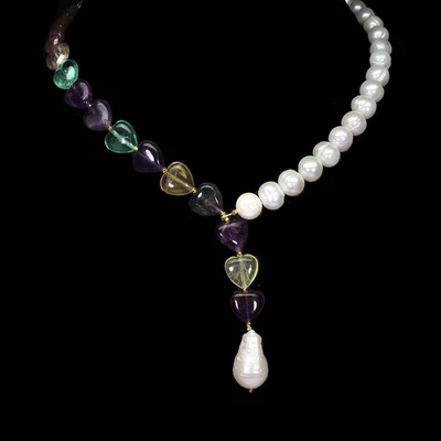925 Sterling Silver Necklace Heart Fluorite 12mm Pearl Gemstone Jewelry 17.5 Ins - Image 1 of 4
