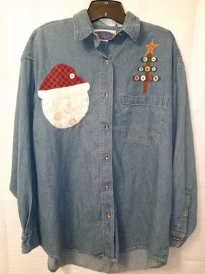 Blue Diamond XL UGLY CHRISTMAS DENIM SHIRT  Embroidered button X-mas Tree /Santa - Image 1 of 4
