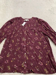 LOFT Women Floral Glitter Long Sleeve Pleated Button-Up Shirt Burgundy Size L - Picture 1 of 13