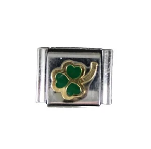 Puzzle Collection "Clover" Stainless Gold Green Stretch Link Italian Charm - Picture 1 of 9