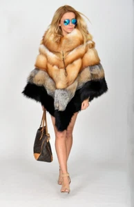 Nuevo Mujeres Elegante Abrigo Piel Completa Real Abrigo Chaqueta Rojo Piel de Zorro Capa Poncho - Imagen 1 de 8