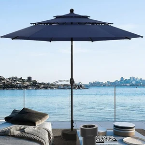 10ft 3 Tier Patio Umbrella Outdoor Market Auto-tilt Crank Umbrella w/ Stand Base - Picture 1 of 16
