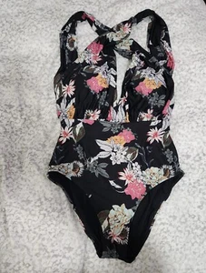 Modcloth Lauren One Piece Plunging Swimsuit Black Floral Bathing Suit Large NWOT - Picture 1 of 7