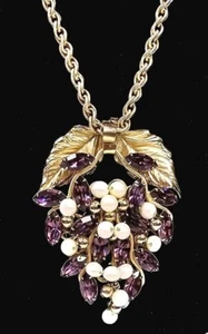 Vtg Napier Frosted Leaves Pendant Necklace 1950s Purple Grapes Rhinestone Pearls - Picture 1 of 10