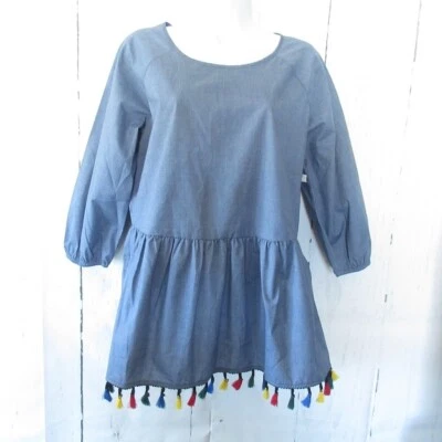 New Pleione Top XS Petite Denim Chambray Tassel Fringe Boho Festival - Image 1 of 4