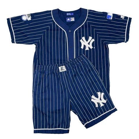 VTG RARE MLB NEW YORK YANKEES STARTER PINSTRIPED JERSEY & SHORTS MENS LARGE Cover