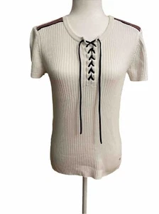 Tommy Hilfiger Jeans Vintage 70’s Look Lace Up Women’s Top Size M Ribbed Knit - Picture 1 of 6