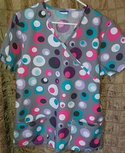 Liberty Medical Scrub Top Adult Sz M Grey & Blue Pink Purple White Polka-dot - Picture 1 of 4