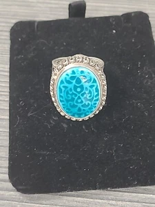 Large Aqua Blue Ceramic Sterling 10G Filigree Turkish Ring Size 7 - Picture 1 of 4