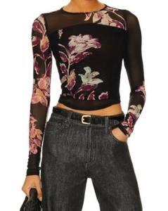 FREE PEOPLE BETTY'S GARDEN TOP OB1790443 MESH FLORAL BLACK COMBO SIZE XS - Picture 1 of 5
