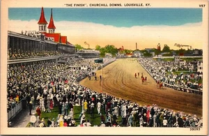 CARTOLINA IN LINO "THE FINISH" CHURCHILL DOWNS LOUISVILLE KENTUCKY CORSE DI CAVALLI B7 - Foto 1 di 2