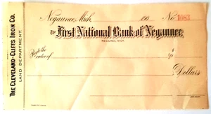 Bank check: 1900 1st National Bank, Negaunee, MI from Cleveland Cliffs Iron Co. - Picture 1 of 4