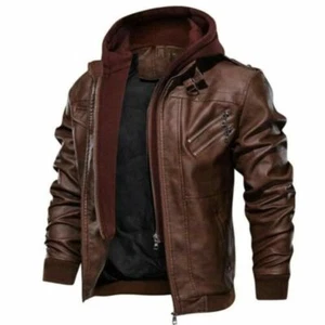 GIACCA CON CAPPUCCIO RIMOVIBILE DA UOMO MARRONE IN PELLE STILE BIKER - Foto 1 di 3