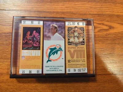 Boleto de campeonato de los Miami Dolphins Super Bowls 7 y 8 exhibición de Lucite Don Shula Foto 1 de 2