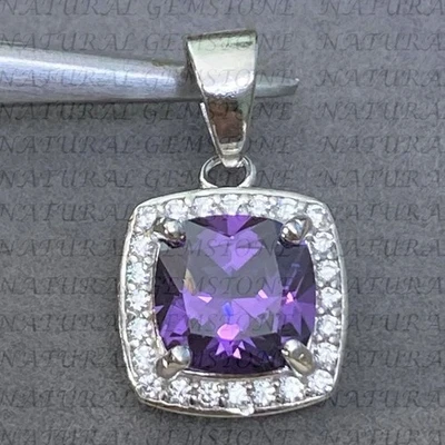 Colgante de diamantes y amatista natural corte cojín de 3,30 quilates enchapado en oro blanco de 18 quilates Foto 1 de 4