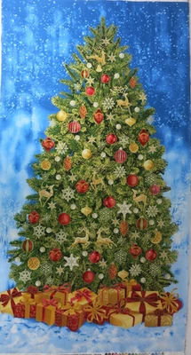 Timeless Treasures Christmas Tree Cotton Fabric Panel CM2676, Gold accent, Gifts - Image 1 of 4