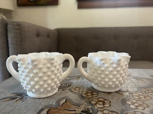 Vintage Fenton Hobnail Milk Glass Cream & Sugar Bowl Set - Picture 1 of 9