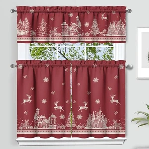 Christmas Kitchen Curtains and Valances Set of 3 - Red Elk Snowflake Decor, W... - Picture 1 of 7