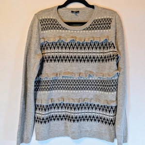 Talbots Sweater Womens Gray Knit Nylon Lambswool Stripe Ruffle Pullover Medium - Picture 1 of 3