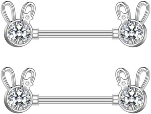 14G Cute Rabbit Nipple Rings Stainless Steel Cubic Zirconia Crystal Bunny Tongue - Picture 1 of 1