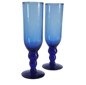 Cobalt Blue Hand Blown Champagne Glasses, Set of 2 Tall Wine Glasses, 8oz - Picture 1 of 6