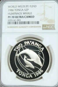 1986 TONGA SILVER 2 PA'ANGA S2P HUMPBACK WHALE NGC PF 70 ULTRA CAMEO PERFECTION - Picture 1 of 4