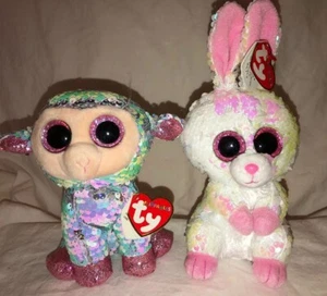 NEU Ty Beanie Boos Bonnie Tulpe Pailletten Ostern Paar Lamm Kaninchen Flippables 7" - Bild 1 von 11