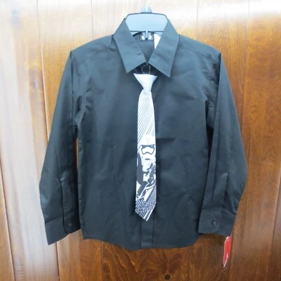 Star Wars Solid Black Long Sleeve Button Down Shirt Boys S 8 Storm Trooper Tie - Image 1 of 4