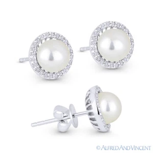 Pendientes de perla de agua dulce y diamantes redondos de 0,16 quilates de oro blanco de 14 K tachuelas de halo - Imagen 1 de 1