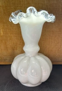 Vintage Fenton Melon Vase White Milk Glass Crimped Clear Ruffled Crest 5" - Picture 1 of 7