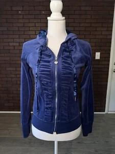 Vintage Y2K Royal Navy Blue BEBE Velour Tracksuit Jacket Rhinestone Heart Zipper - Picture 1 of 5