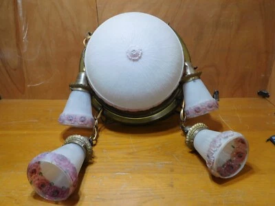 Antique ~ Center Dome w/4 drops Reverse Painted White satin ribbed Shades  #3603 - Image 1 of 4