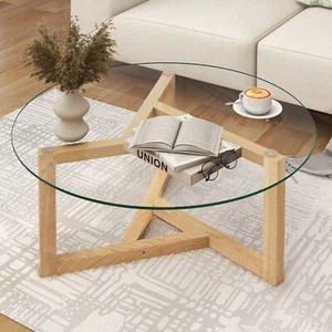 35" Round Glass Coffee Table with Cross Solid Wood Legs for Living Room Kitchen - Picture 1 of 14