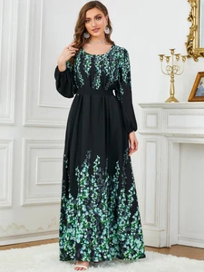 Black Floral Muslim Women Kaftan Abaya Islamic Maxi Dress Dubai Arab Robe Party - Picture 1 of 13