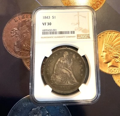 Dólar de plata libertad sentada 1843 - NGC VF30 - BELLEZA TONIFICADA Foto 1 de 2