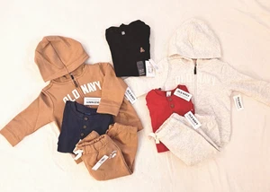 Old Navy Boys Lot 6-12M Track Jackets Sweat Pants One Piece Shirt Tan Blue NEW - Picture 1 of 4