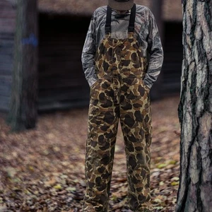 ๐Vtg HERTER'S Duck/Retro Camo Overalls/Bibs Mens Large Insulated Hunting Pants - Picture 1 of 20