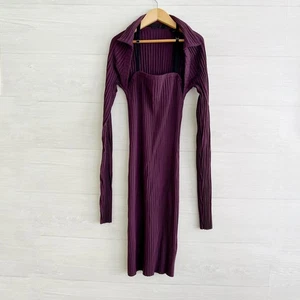 Helmut Lang - Eggplant purple ribbed Pima Cotton stretch long sleeve dress, M - Picture 1 of 7