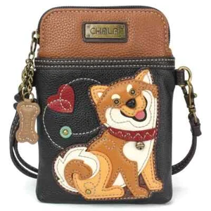 NUEVO BOLSO BANDOLERA CHALA NEGRO MARRÓN TOSTADO SHIBA INU PERRO CACHORRO TELÉFONO CELULAR - Imagen 1 de 4