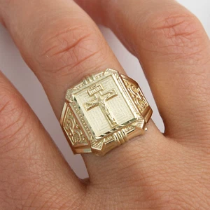 Solid 10K Gold Jesus Crucifix Cross Signet Ring Yellow Gold - Picture 1 of 5