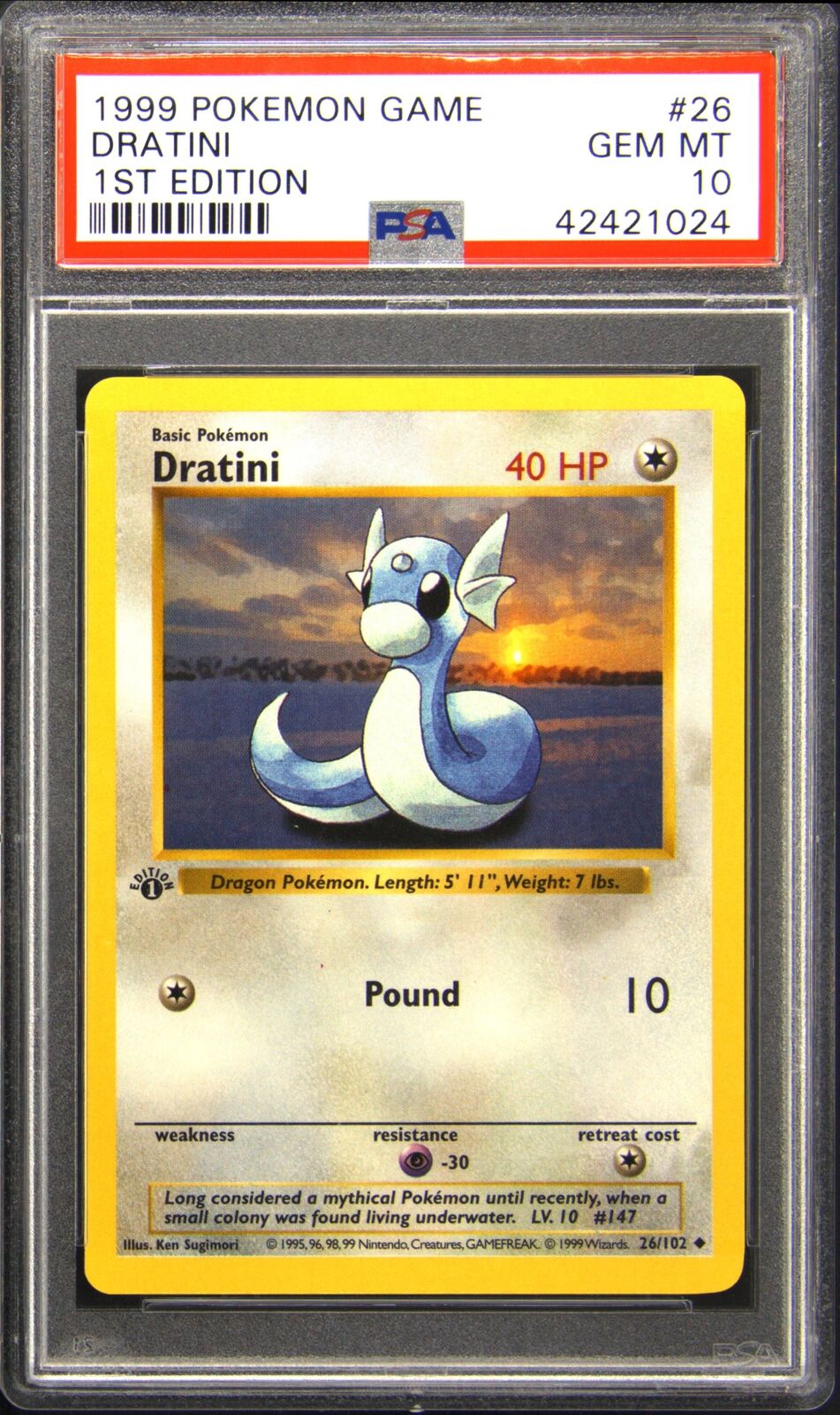 1999 Base Set 26 Dratini 1st Edition Uncommon Pokemon TCG Card PSA 10 Gem Mint