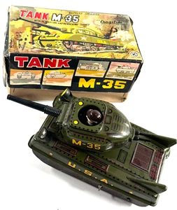 1950s Cragstan M-35 Military Army Tank w/ Box WORKS vtg tin toy - Picture 1 of 15