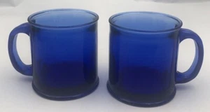 2 Spain Made Barnes & Noble Blue Cobalt Glass Mug Coffee Tear Rim Handled Mugs - Picture 1 of 8