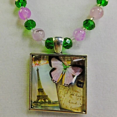 Pretty Butterfly in Paris Pendant Lavender Stone & Green Glass Bead Necklace NEW - Image 1 of 3